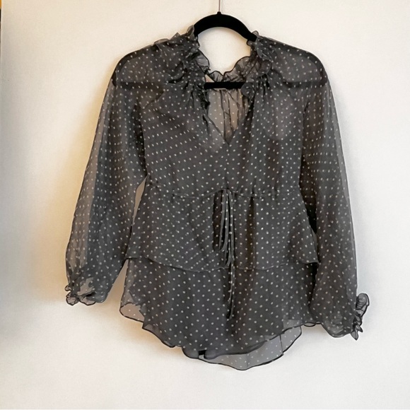 REBECCCA TAYLOR GREY BLOUSE WITH WHITE POLKA DOTS - Picture 11 of 15